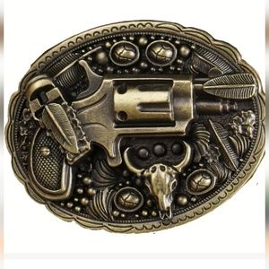 New Western faux revolver pistol theme feathers Longhorn bull belt buckle